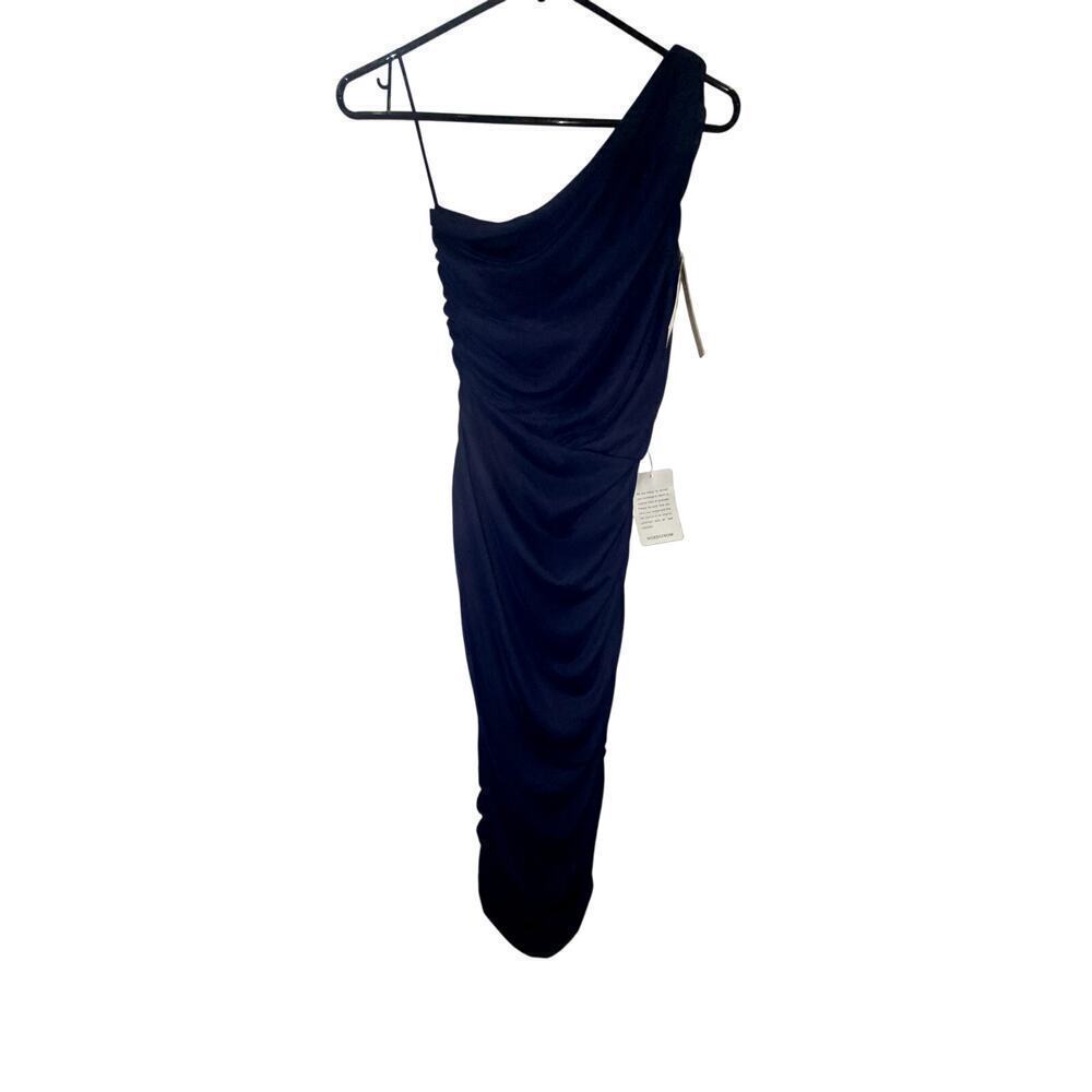 Womens One Shoulder Gauze Cinch Midi Blue Dress Size Small